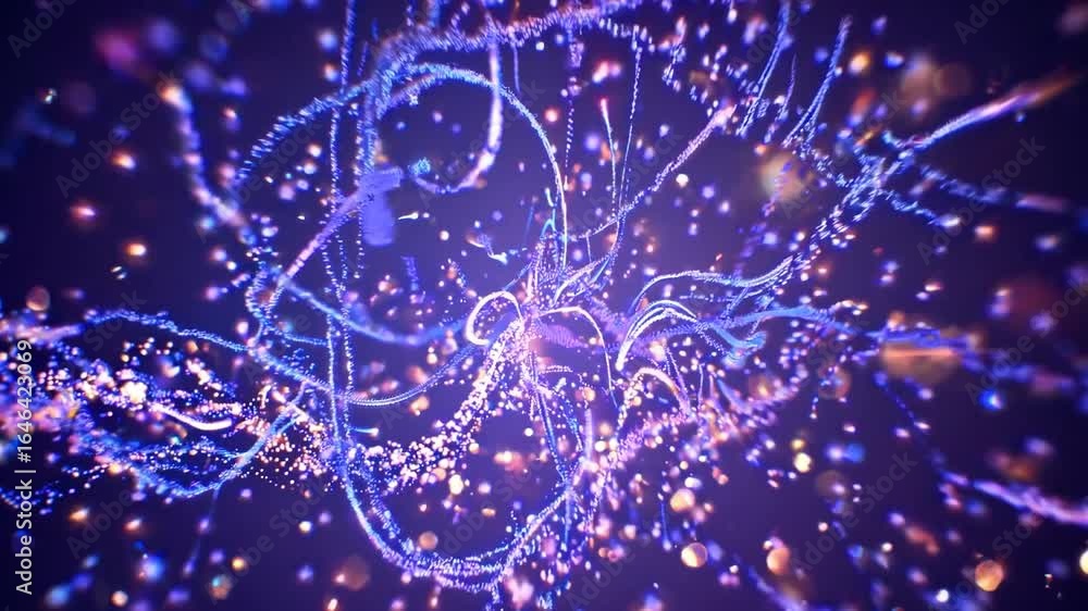 Poster luminous golden and purple particles swirling, sparkling with dynamic energy, generating captivating