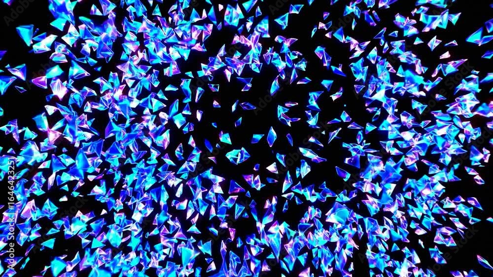 Poster iridescent blue triangular fragments spinning, expanding, dissolving across shadowy surface, creatin