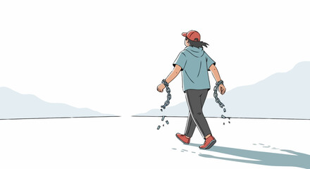 Conceptual Illustration of Breaking Free from Chains, Symbolizing Overcoming Obstacles and Achieving Freedom, suitable for Social Issues and Mental Health Awareness Campaigns