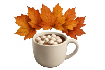 Warm white ceramic mug filled with frothy hot chocolate, sprinkled with marshmallows, decorated with crisp autumn leaves against transparent backdrop