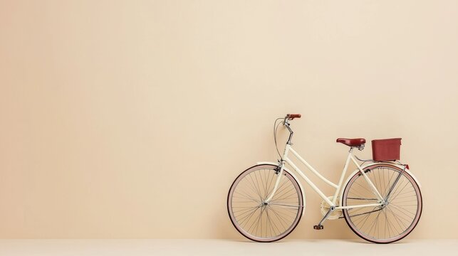 Elegant and upright bicycle in vintage or retro style against a clean neutral beige or tan colored backdrop Minimalist simple
