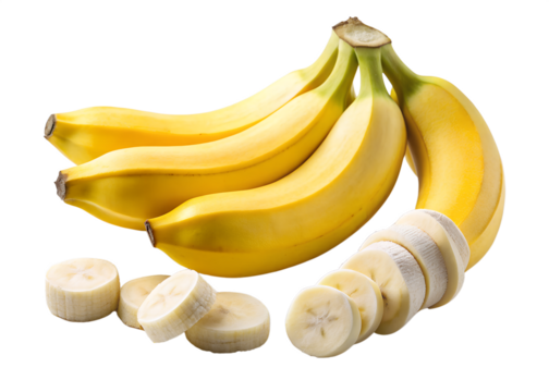 A bunch of ripe yellow bananas, some peeled and sliced, isolated on a transparent background, representing healthy eating and natural goodness