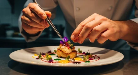 Poster Restaurant Chef Decorating Gourmet Dish with Edible Flower in Fine Dining Restaurant Kitchen  © Studio