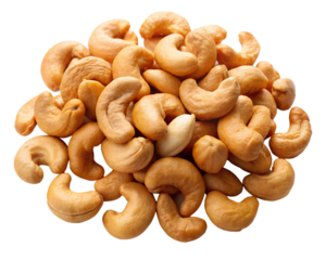 A generous pile of roasted cashew nuts, a healthy and delicious snack, isolated on a transparent background, showcasing their natural shape and texture