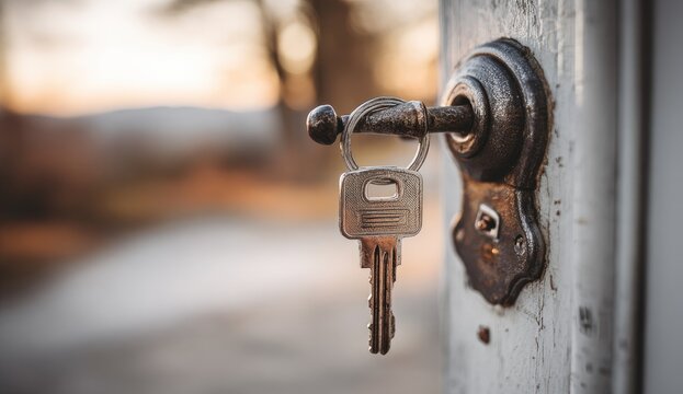 A silver key hangs in a vintage-style door lock, outdoor setting