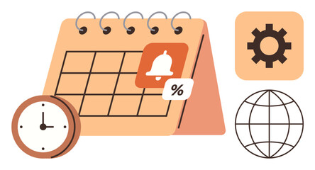 Calendar with date boxes, clock for time, bell for notifications, gear for settings, and globe for global access. Ideal for planning, event scheduling, task management, organization productivity