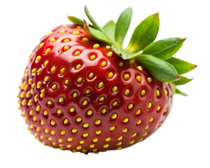 A single ripe red strawberry with visible seeds and green leaves on top, isolated on a transparent background, symbolizing a healthy and sweet fruit