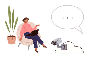 Female professional sitting with laptop near a potted plant, gesturing, speech bubble, cloud and security camera concept. Ideal for tech, remote monitoring, smart devices, cloud storage
