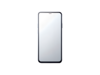A modern black smartphone with a large, reflective screen and slim bezel, isolated on a transparent background, representing current technology