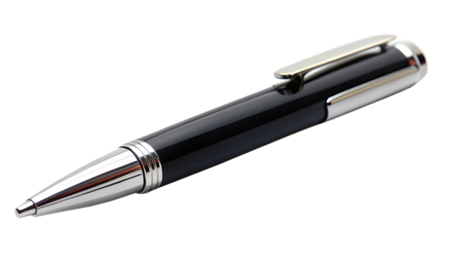 A sleek black and silver executive pen with a chrome clip, isolated on a transparent background, perfect for writing and business