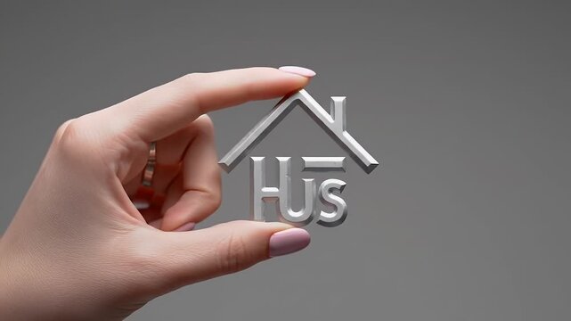 Female Hand Holding Silver Metallic House HUS Shape Against Neutral Background Close Up Studio Shot Emphasizing Home Ownership and Real Estate Concepts