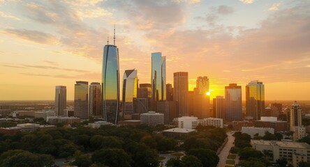 Fototapeta premium Stunning City Skyline at Sunset Modern Architecture Golden Hour Views