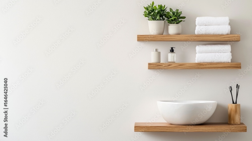 Poster uncluttered and minimalist bathroom design featuring sleek floating shelves displaying neatly arrang