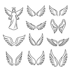 Collection of hand-drawn angel wings and a winged figure with halo