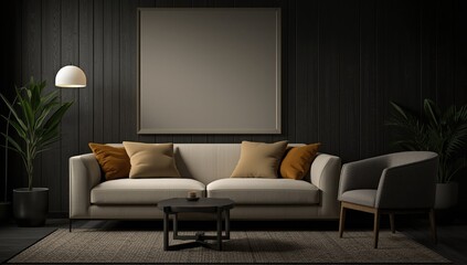 Fototapeta premium Luxurious modern living room with plush sofa accent chairs and ambient lighting creating a cozy and sophisticated atmosphere