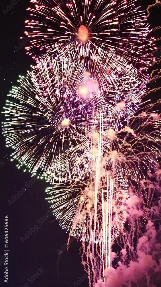 Poster vibrant and dynamic fireworks illuminate the night sky with a stunning array of colors and patterns,