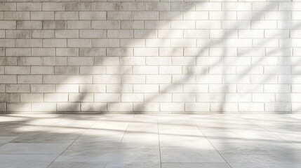 Fototapeta premium Sunlit white brick wall and tiled floor minimalist background