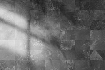 Fototapeta premium Abstract black and white grunge texture with geometric rectangular tiles and sunlight from a window with a palm tree shadow.