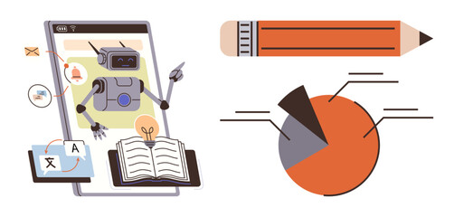 Robot teaching assistant on tablet screen, open book, pie chart, translated texts, pencil. Ideal for e-learning, technology in education, data analytics, creativity language learning research