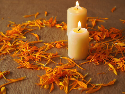 Textured Papel Amate Background with Marigold Petals and Candles &mdash; D&iacute;a de muertos


