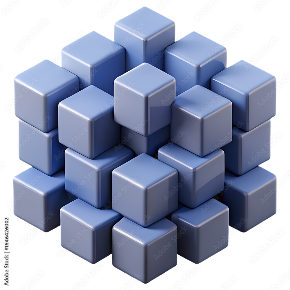 Poster stack of uniform blue cubes arranged in a larger cubic formation, ideal for abstract representations