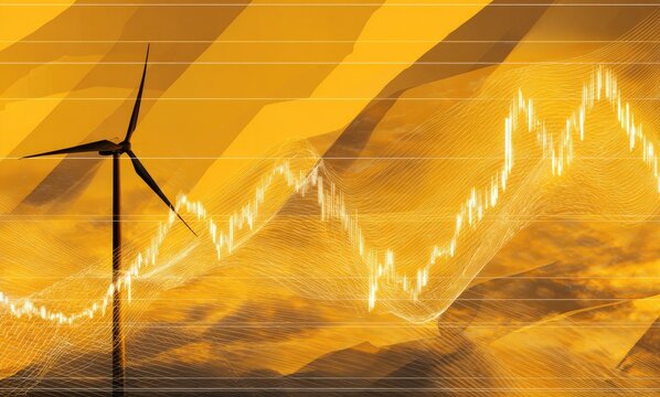 Wind turbine against a backdrop of financial chart over a golden landscape