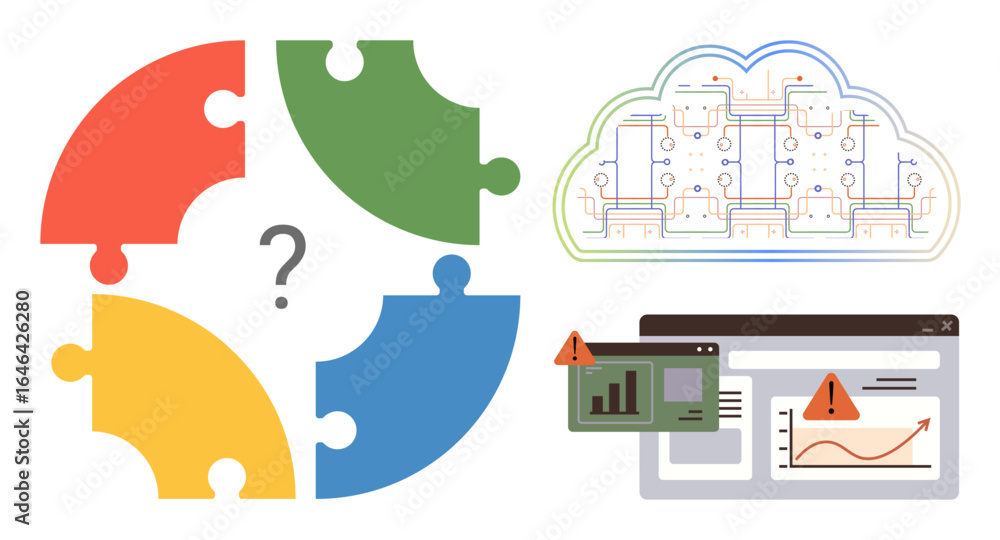 Aufkleber multicolor puzzle with missing piece, cloud network diagram, and data dashboard with warnings. ideal
