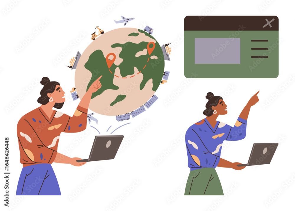 Poster woman pointing at globe with transportation icons while working on a laptop. interface window in vie