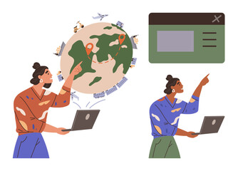 Woman pointing at globe with transportation icons while working on a laptop. Interface window in view, symbolizing technology, navigation, and global communication. Ideal for travel, education