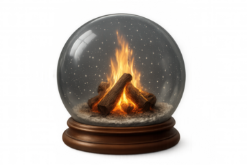 Festive snow globe featuring glowing fireplace, falling snowflakes, wooden base against transparent background