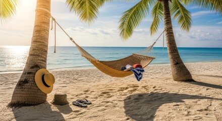 Empty Hammock on a Pristine Tropical Beach at Sunset with Calm Turquoise Waters