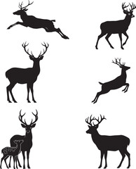 Fototapeta premium Set of Black and White Deer Silhouettes in Various Poses