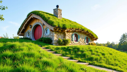 Charming thatched cottage with green roof surrounded by lush grass  