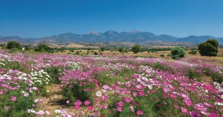 Vast field of cosmos flowers, mountains in the distance
