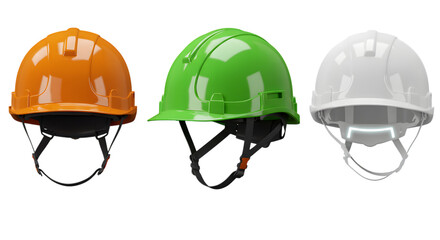 Three hard hats in orange green and white for construction and safety equipment on a transparent background