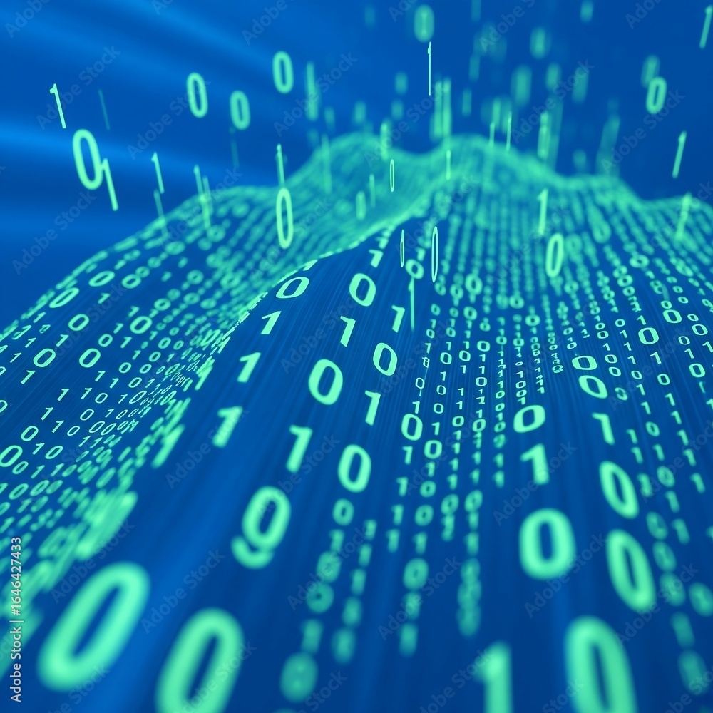 Fototapete digital data flow in a blue matrix with binary code - abstract technology background.