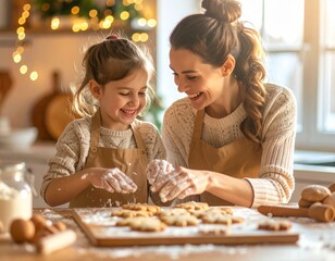 A loving mother and her young daughter baking cookies together in a cozy home kitchen, warm natural light coming through the window, flour on their hands and cheeks, smiling faces
