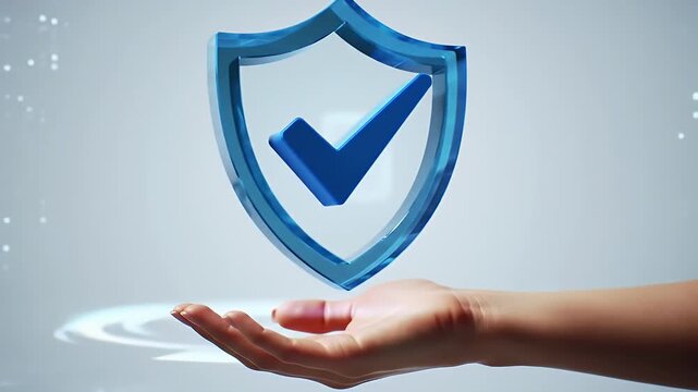 Protective Security Shield with Check Mark Floating Over Hand in Digital Style Illustration Design on Light Background for Adobe Stock Photo