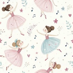 Whimsical watercolor ballerinas dancing with musical notes and flowers