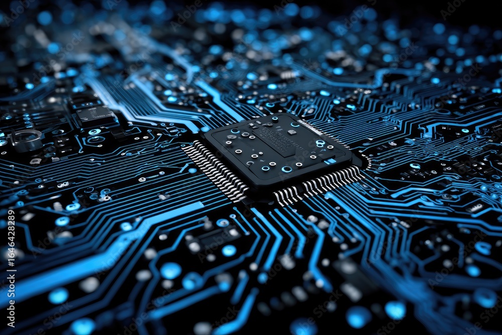 Fototapete close-up of a circuit board with a central processor. bright blue traces and components on a dark ba