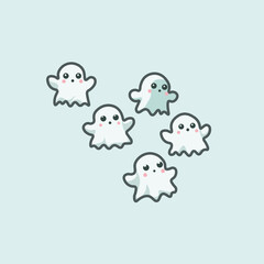 Playfull ghost sticker pack. Group of cute ghosts on pastel background, friendly Halloween clipart.