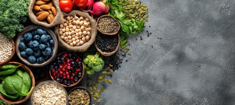 Assorted healthy foods in small bowls on a gray surface - Powered by Adobe