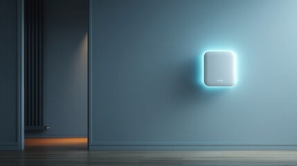 A modern, minimalistic room with a blue wall and a glowing square device mounted on it. The floor is wooden, and there is a soft light illuminating the space.
