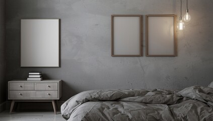 Modern minimalist bedroom with textured gray walls two framed pictures and a cozy duvet