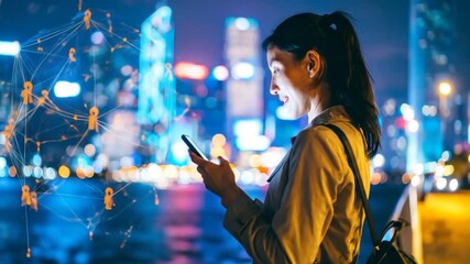 Woman using smartphone with social network connection in modern city at night showcasing - Powered by Adobe