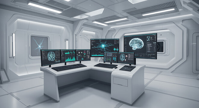 Futuristic control room interior with multiple monitors displaying brain data and advanced technology, showcasing a modern research center for artificial intelligence