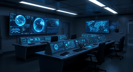 A hightech control room featuring multiple monitors displaying global data and surveillance information, creating a futuristic and secure environment for command and control operations