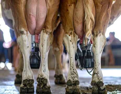 Close-up of cows' legs and udders with milking machines