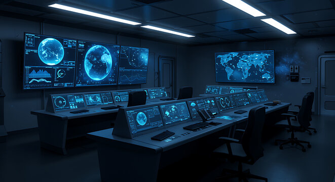 A hightech control room featuring multiple monitors displaying global data and surveillance information, creating a futuristic and secure environment for command and control operations - Powered by Adobe