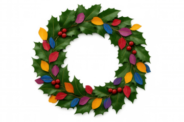 Festive christmas wreath adorned with vibrant colorful leaves and red berries, isolated on a transparent background, perfect for holiday projects